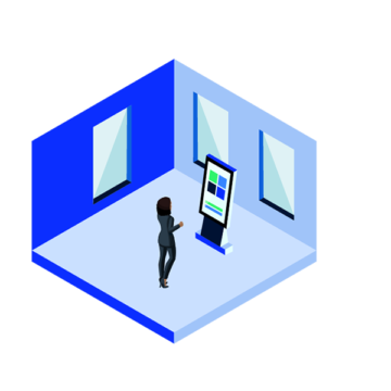 This graphic shows an interactive self-service kiosk in an empty room with three windows. There is a person standing in front of the interactive kiosk.